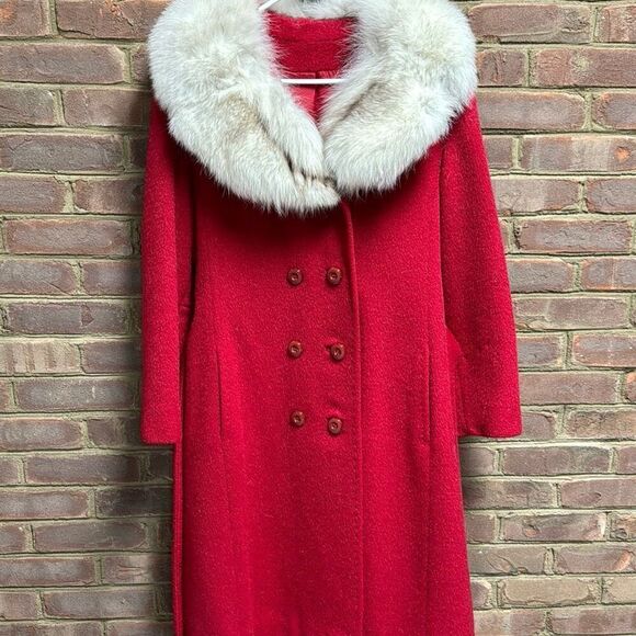 Vintage Red Apagora Luxury Wool Mohair Fur Collar Long Coat Size Medium - Picture 8 of 11